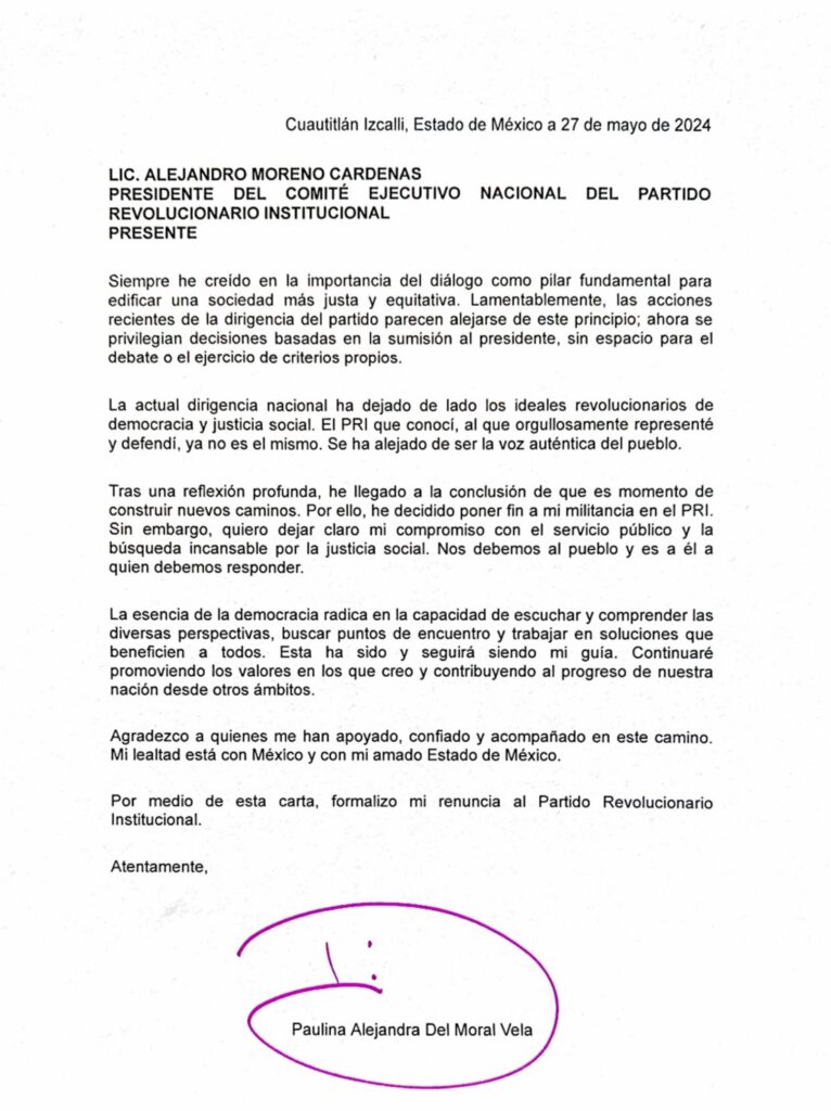 La mexiquense Alejandra del Moral renunció al PRI para apoyar a la morenista Claudia Sheinbaum.